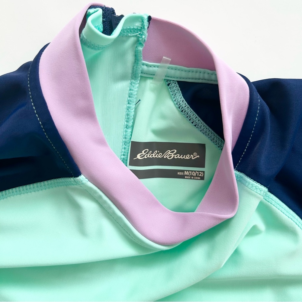 Eddie Bauer Kids Swim Rashguard SS Top Back Neck 1/4 Zip Colorblock Sz Med 10/12 - Picture 2 of 9
